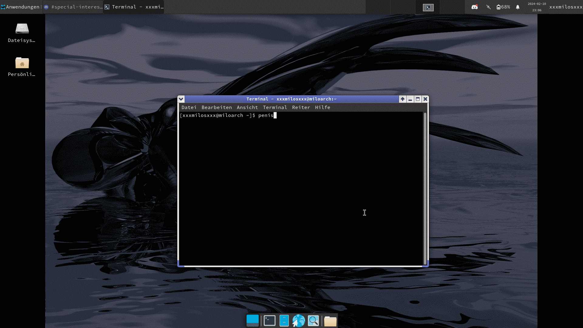 arch desktop with terminal open saying 'penis' 