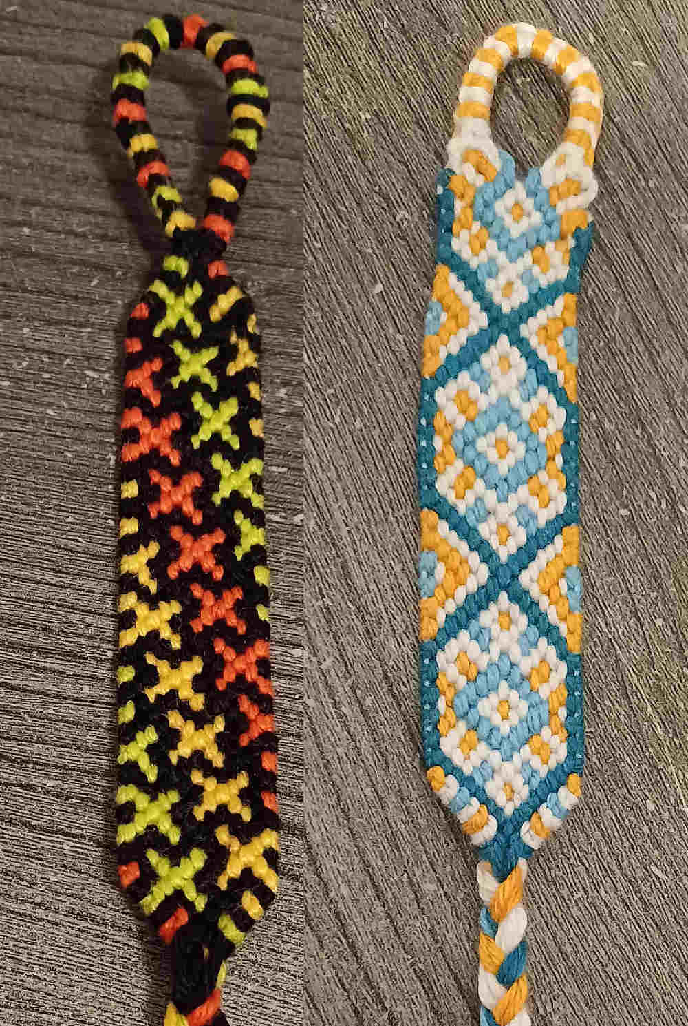 2 bracelets. one is black, with yellow, orange and green crosses, the other is gold, white, and teal.