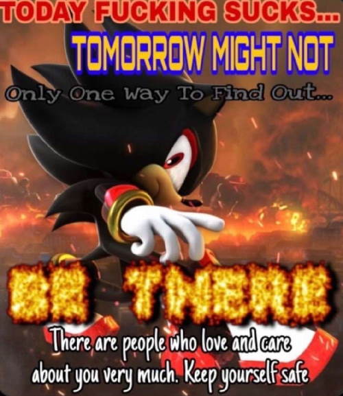 image of shadow the hedgehog saying 'today fucking sucks, tomorrow might not. only one way to find out... BE THERE. there are people who love and care about you very much. keep yourself safe.'